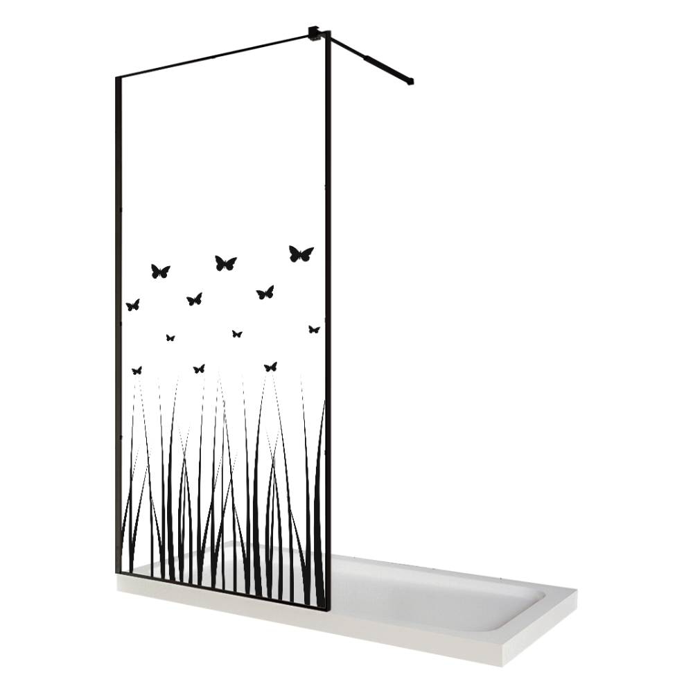 Paravan dus walk in / Perete dus sticla cu model Butterfly 103 8 mm profil negru mat tija extensibila 120 x 200 cm