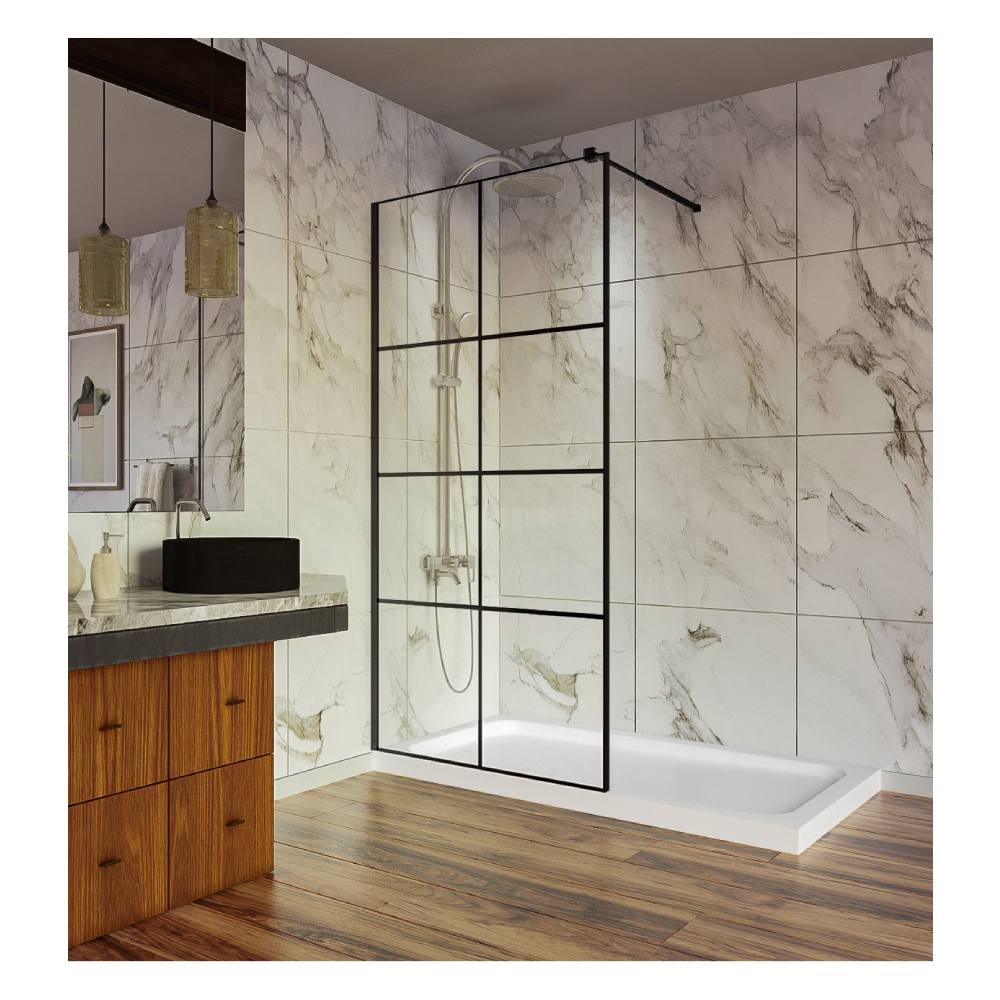 Paravan dus walk in / Perete dus  sticla cu model Windows 101 6 mm  profil negru mat  tija extensibila  90 x 200 cm