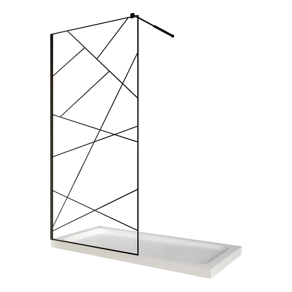 Paravan dus walk in / Perete dus sticla cu model geometric 105 8 mm profil negru mat tija extensibila 80 x 200 cm