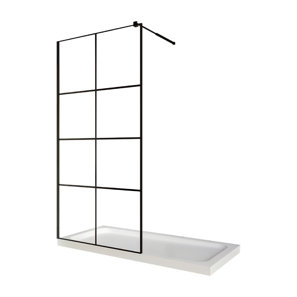 Paravan dus walk in / Perete dus sticla cu model Windows 101 8 mm profil negru mat tija extensibila 100 x 200 cm