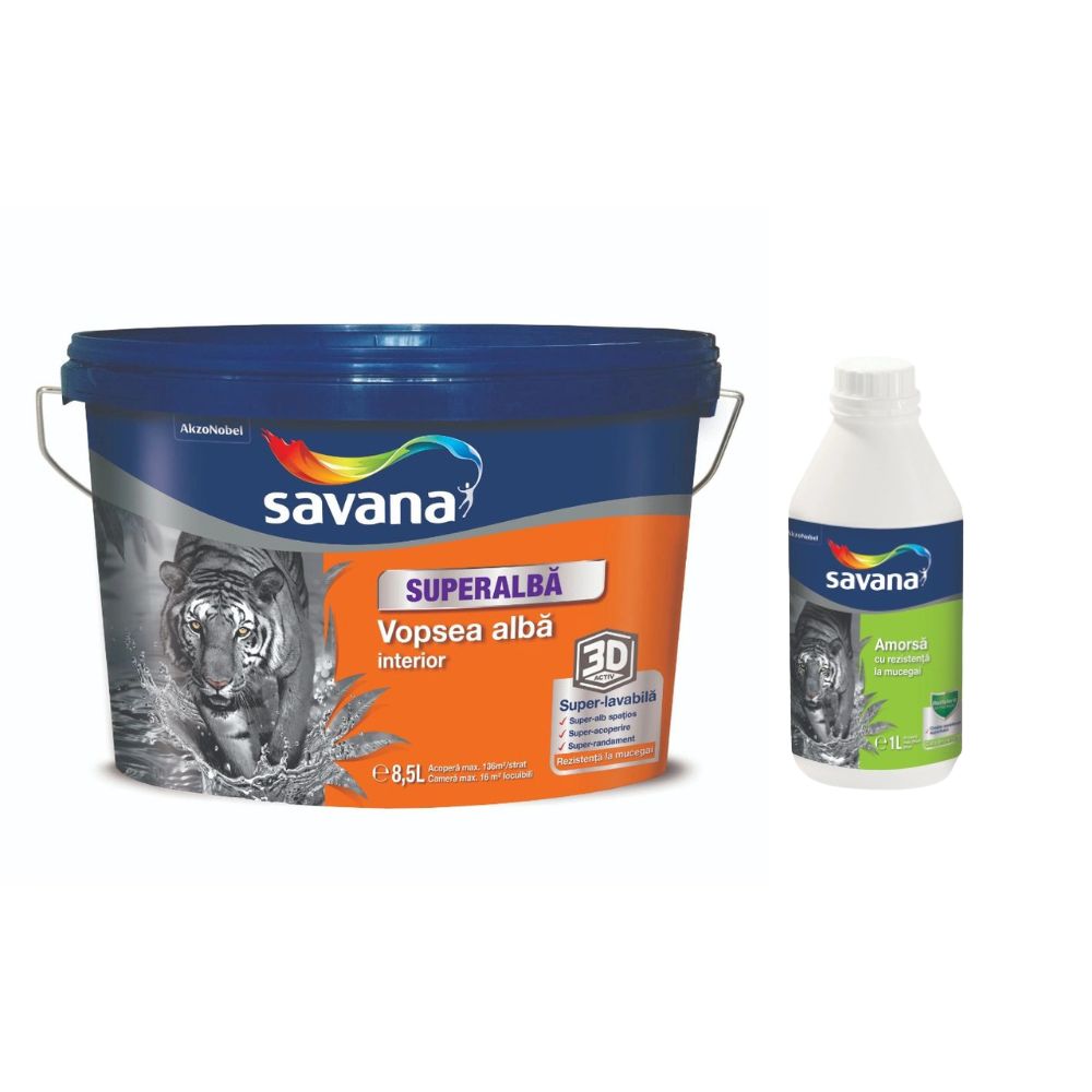 Pachet vopsea superlavabila pentru interior Savana 8.5L + Amorsa antimucegai 1 L